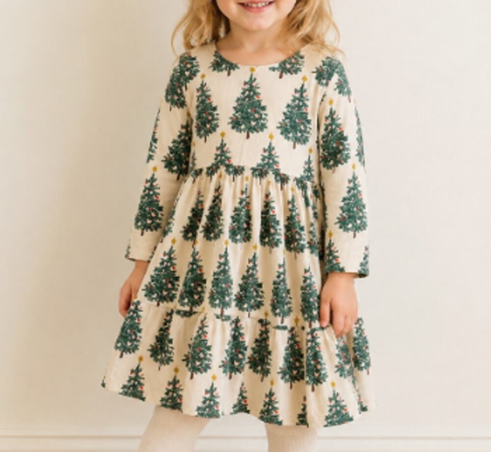 Pink Chicken Girl's Cream Green Christmas Tree A- Line Dress Size 3Y